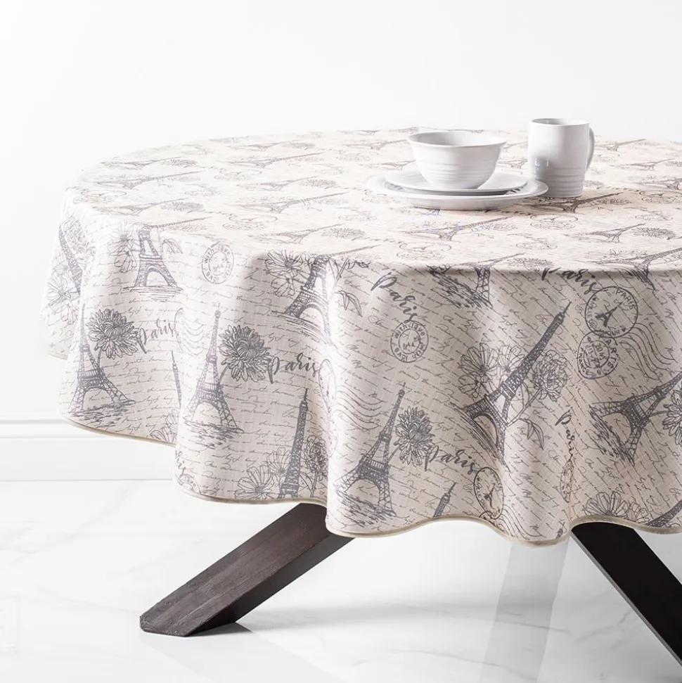 Easycare Printed 'Paris' Polyester Tablecloth 70" Round (Charcoal)