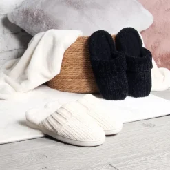 Harman Luxury Chenille Memory Foam Slippers Women (Black)