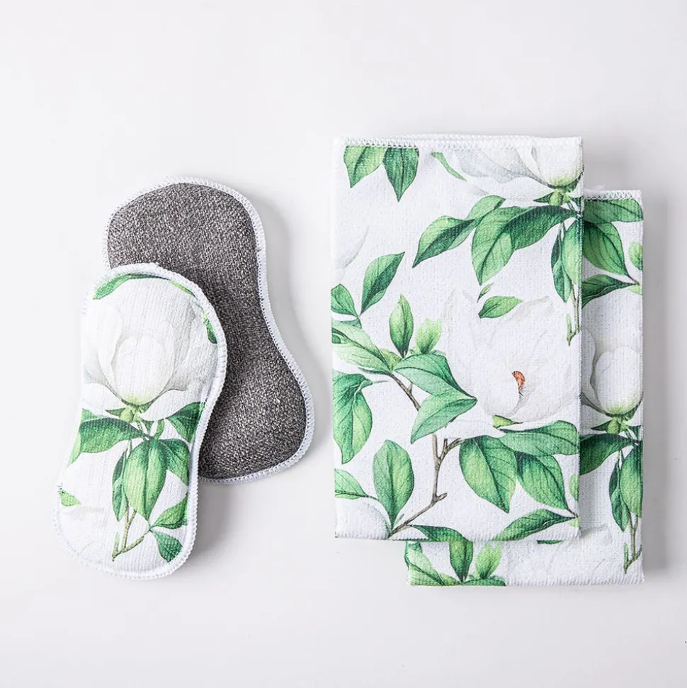 Harman Microfiber 'White Blossom' Sponge & Cloth Set/4