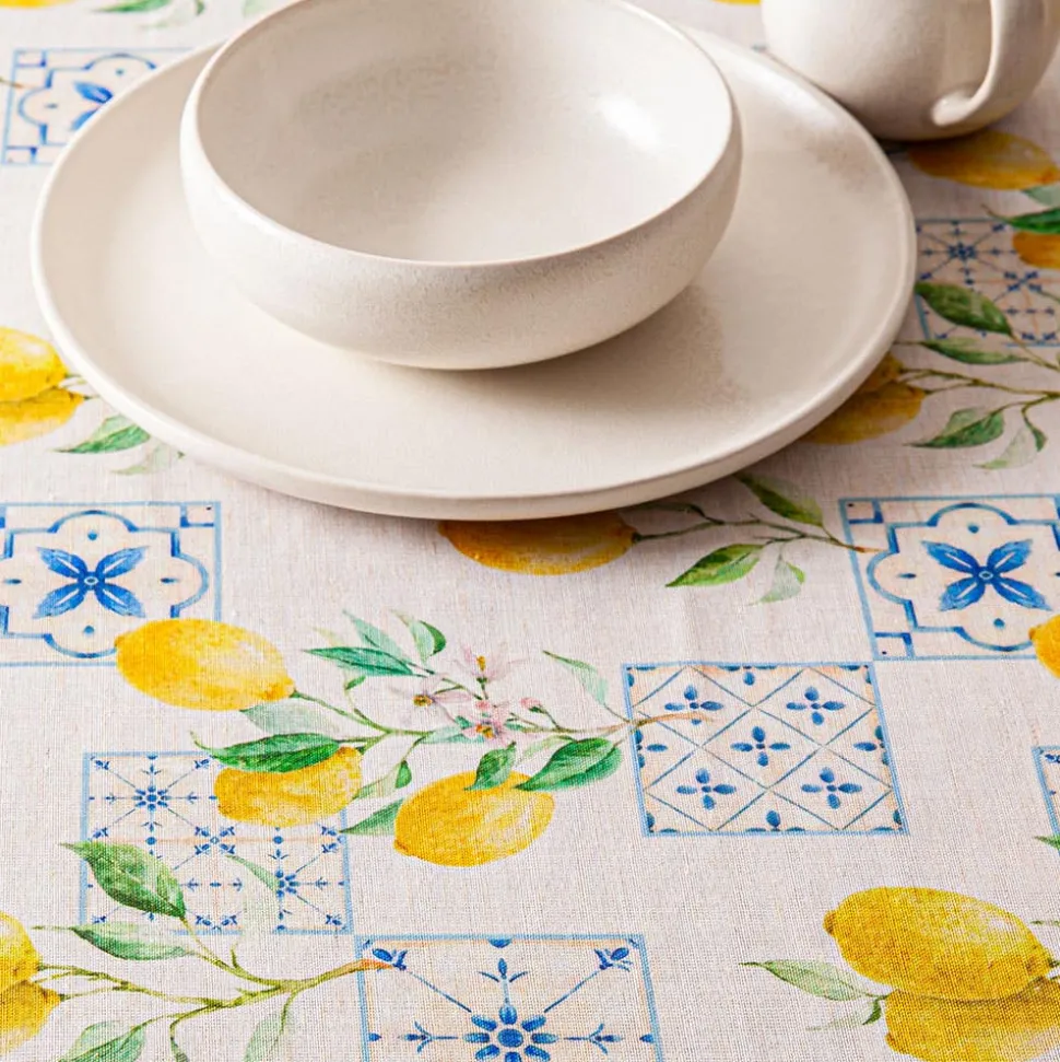 Harman Printed 'Lemon Tile' Linen Tablecloth 70" dia.