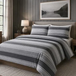 Hotel & Home 'Grey Striped' Microfiber Duvet Cover 3pc Double/Queen