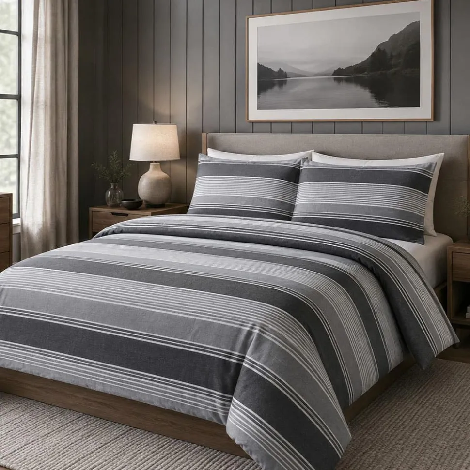 Hotel & Home 'Grey Striped' Microfiber Duvet Cover 3pc Double/Queen