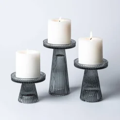 KSP Ava Ribbed Glass Pillar Candle Holder - Set of 3 (Smoke)