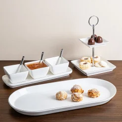 KSP Gleam Porcelain Bowls with Tray - Set/7 (White/Silver)