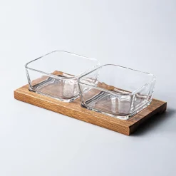KSP Hearthwood 'Acacia Wood' Glass Bowls with Tray - Set of 3 (Clear)