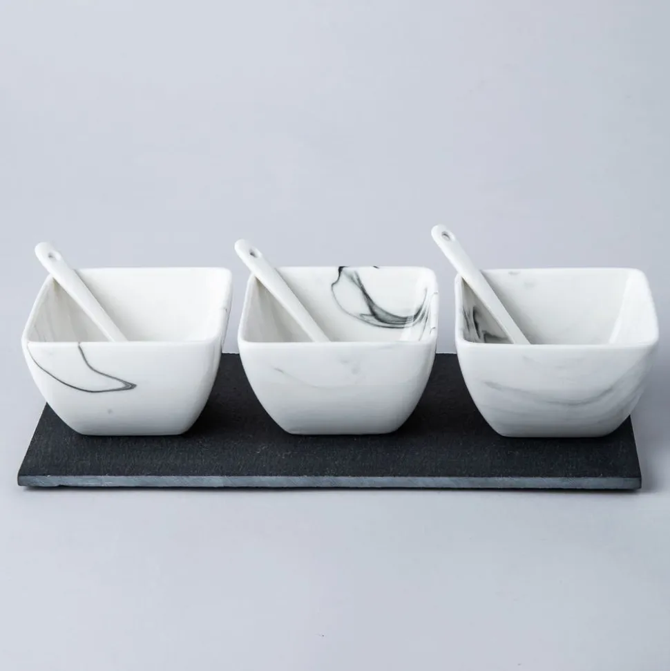 KSP Marble Porcelain Bowls with Tray and Spoons - Set of 7 (White/Grey)