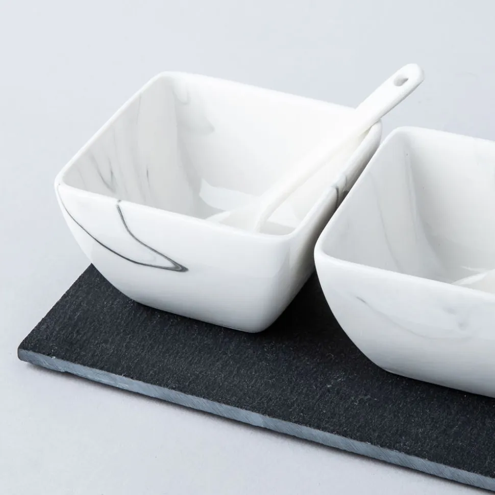 KSP Marble Porcelain Bowls with Tray and Spoons - Set of 7 (White/Grey)