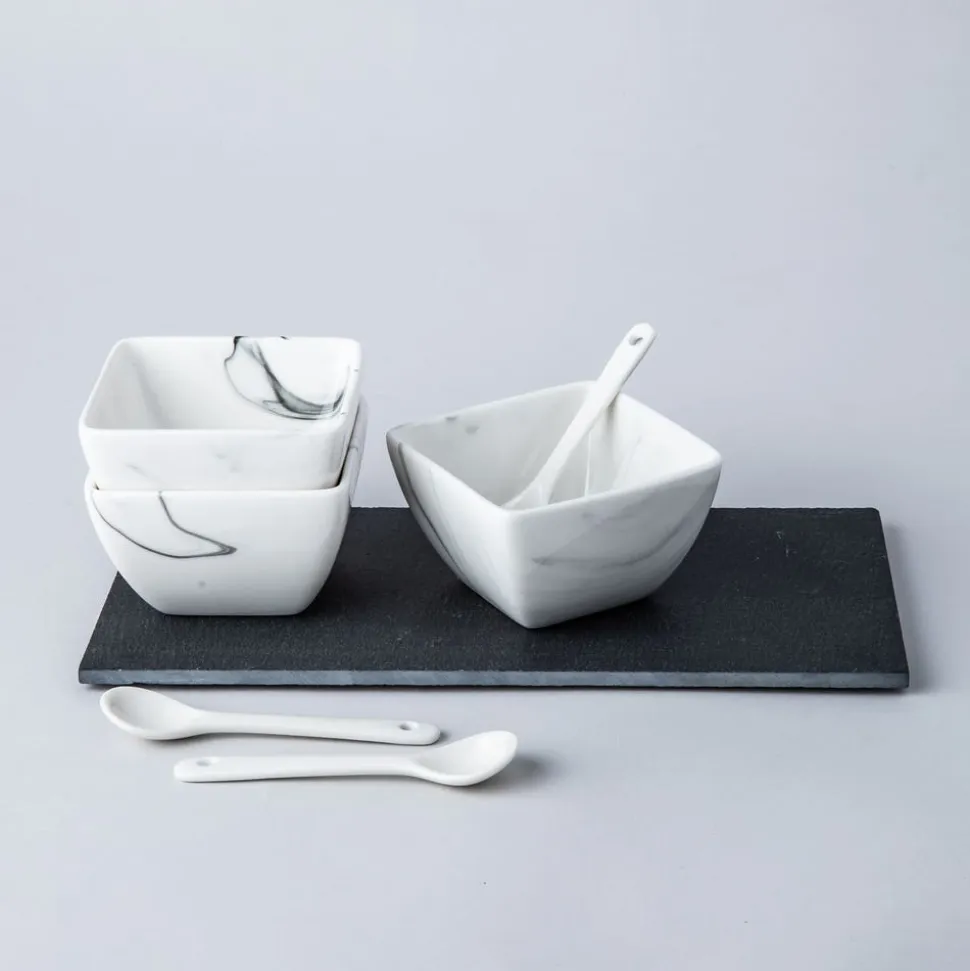 KSP Marble Porcelain Bowls with Tray and Spoons - Set of 7 (White/Grey)