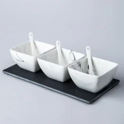 KSP Marble Porcelain Bowls with Tray and Spoons - Set of 7 (White/Grey)