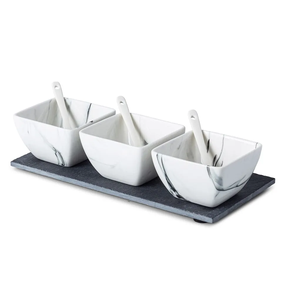 KSP Marble Porcelain Bowls with Tray and Spoons - Set of 7 (White/Grey)