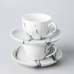 KSP Marble Porcelain Tea Cup with Saucer (White/Grey)
