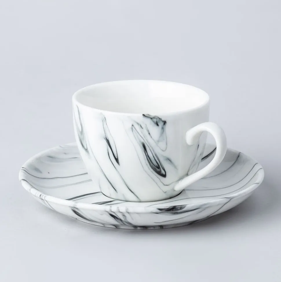 KSP Marble Porcelain Tea Cup with Saucer (White/Grey)
