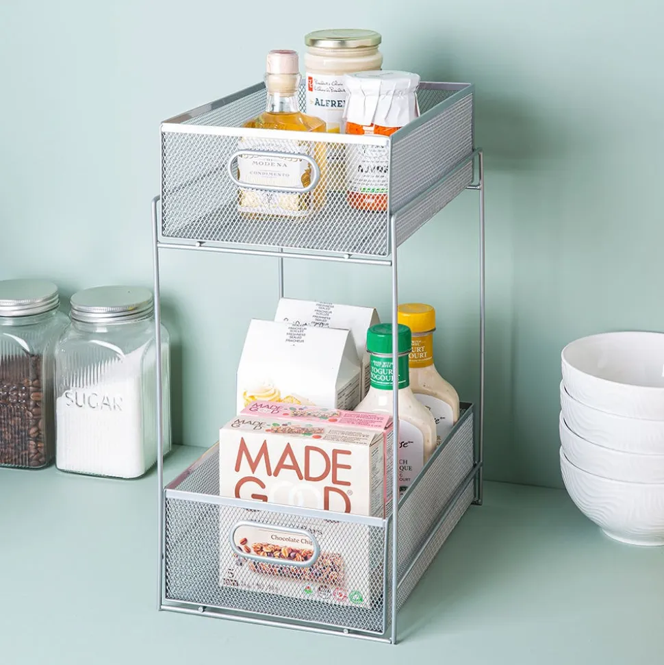KSP Mesh Sliding Storage Basket 2-Tier (Silver) 31 x 21 x 42 cm