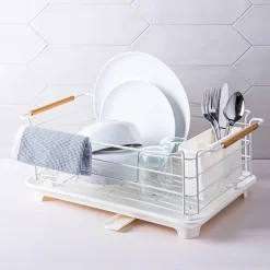 KSP Nova Dish Rack with Bamboo Handles (White/Natural)