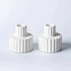 KSP Panelled Ceramic Taper Candle Holder - Set of 2 (White)