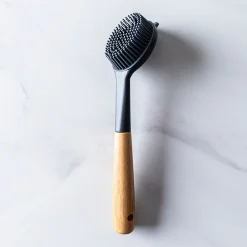 KSP Soft Bristle Silicone Bamboo Handle Dish Brush with Scraper Tip