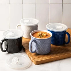 KSP Solid Textured 'Diamonds' Porcelain Soup Mug with Lid (Blue)