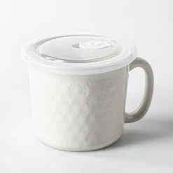 KSP Solid Textured 'Snowflake' Porcelain Soup Mug with Lid (White)