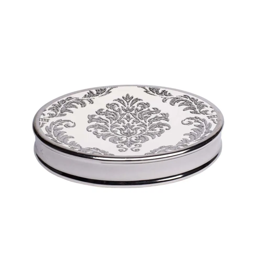 Moda At Home Damask Ceramic Soap Dish (White/Silver)