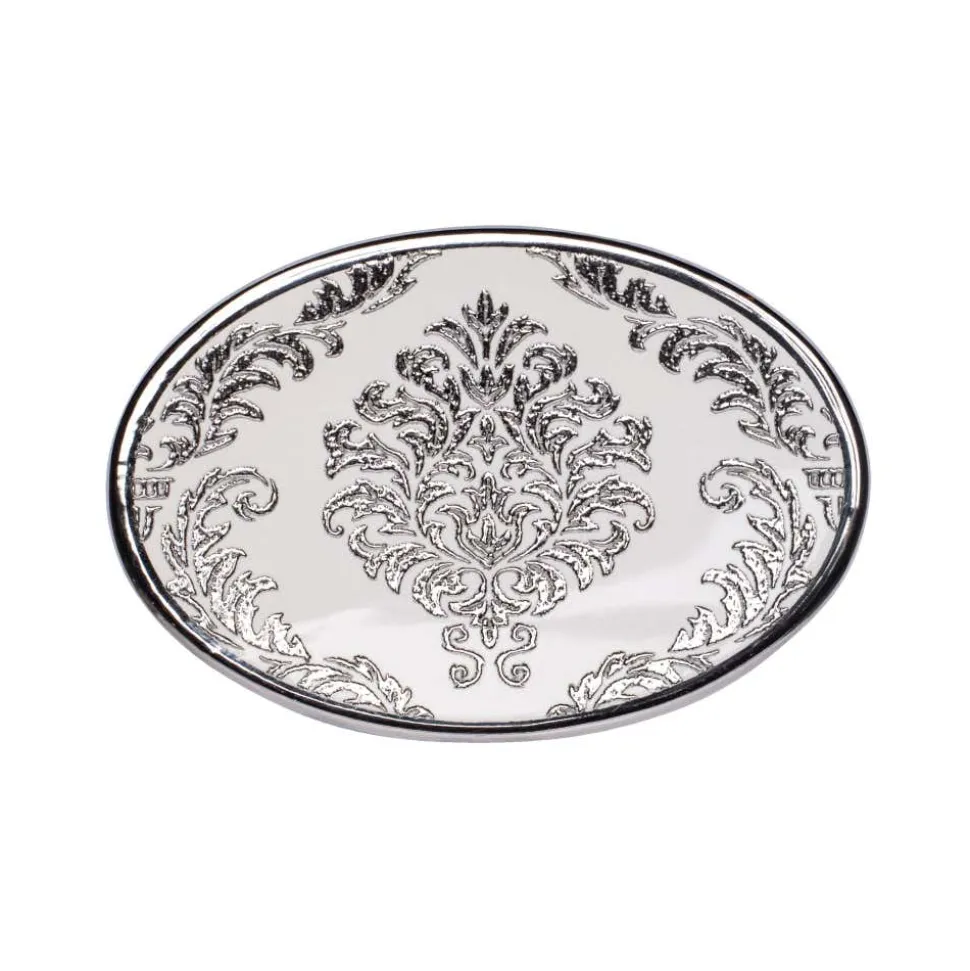 Moda At Home Damask Ceramic Soap Dish (White/Silver)