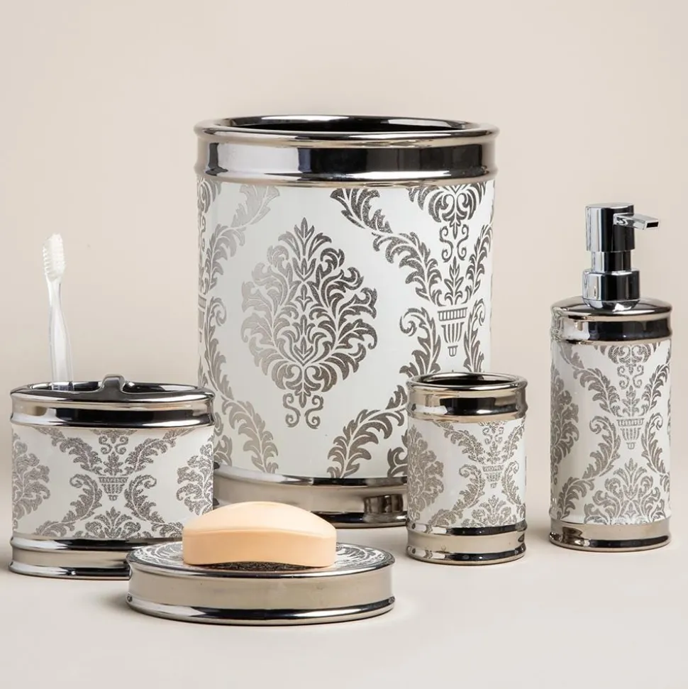 Moda At Home Damask Ceramic Soap Dish (White/Silver)