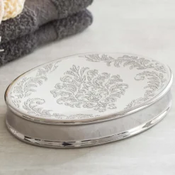 Moda At Home Damask Ceramic Soap Dish (White/Silver)