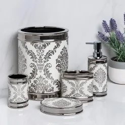 Moda At Home Damask Ceramic Soap Dish (White/Silver)