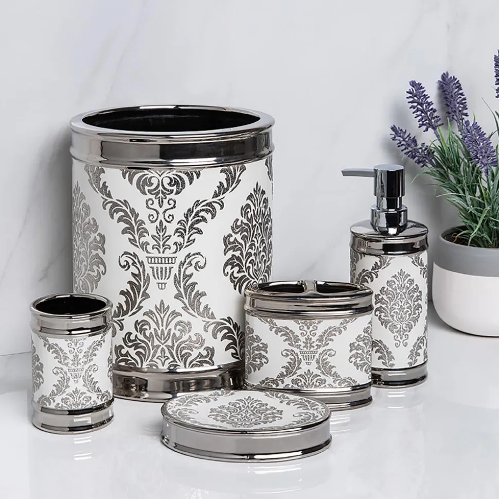 Moda At Home Damask Ceramic Soap Dish (White/Silver)