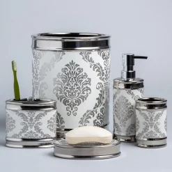 Moda At Home Damask Ceramic Soap Dish (White/Silver)