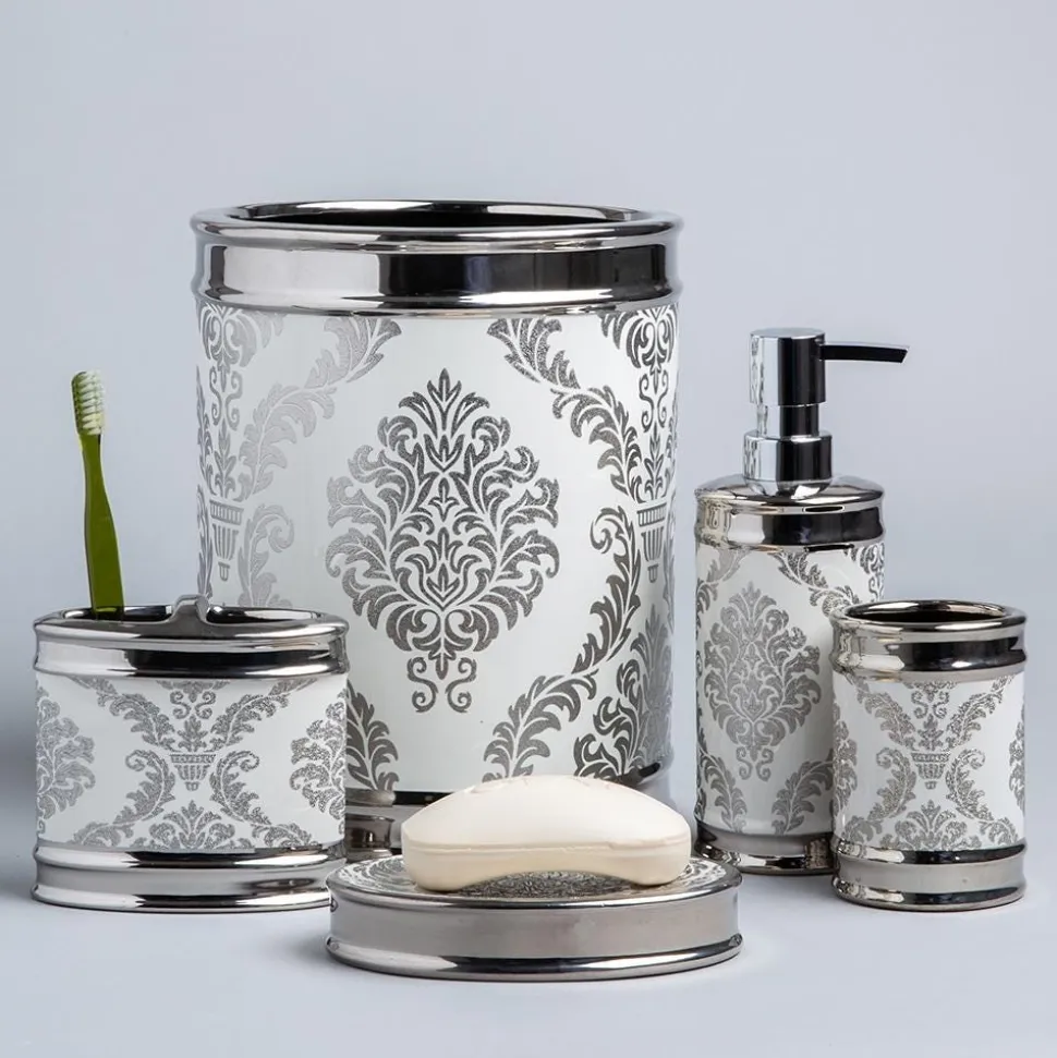 Moda At Home Damask Ceramic Soap Dish (White/Silver)