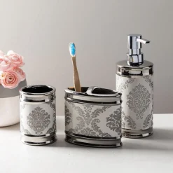 Moda At Home Damask Ceramic Toothbrush Holder (White/Silver)