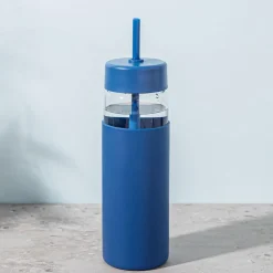Quench Aura Slim Glass Water Bottle with Straw (Navy)