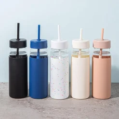 Quench Aura Slim Glass Water Bottle with Straw (Navy)