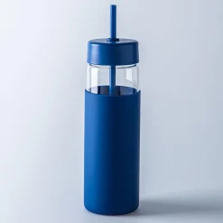 Quench Aura Slim Glass Water Bottle with Straw (Navy)